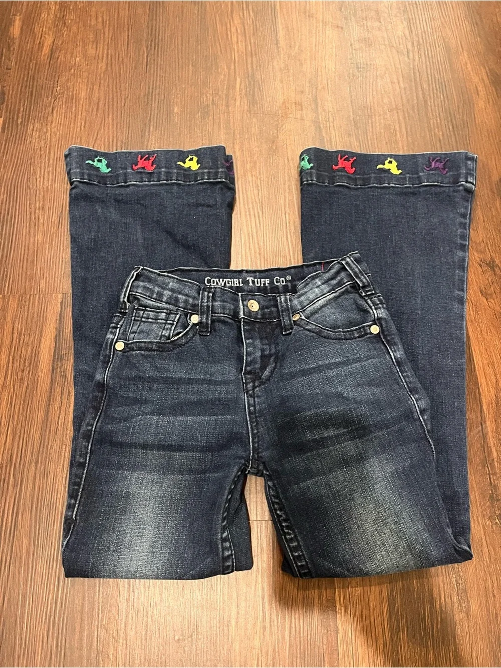 Cowgirl Tuff Dark Blue Flared Jeans with Multicolor Embroidered Horses Girls 8